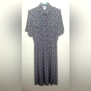 Vintage 70s 80s Floral Pleated Midi Dress Short Sleeved Collared Teacher size 14